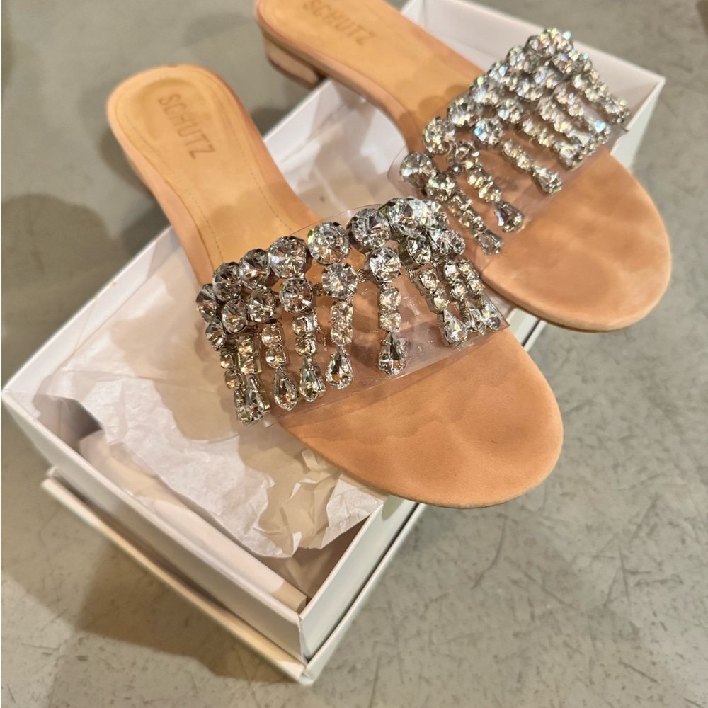 Schutz Women's Crystal Embellished Tan Sandals - Picture 4 of 4